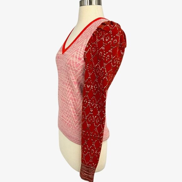 Anthropologie Cherie Puff Sleeved Pullover Sweater Size S V Neck Red Pink - Picture 3 of 8